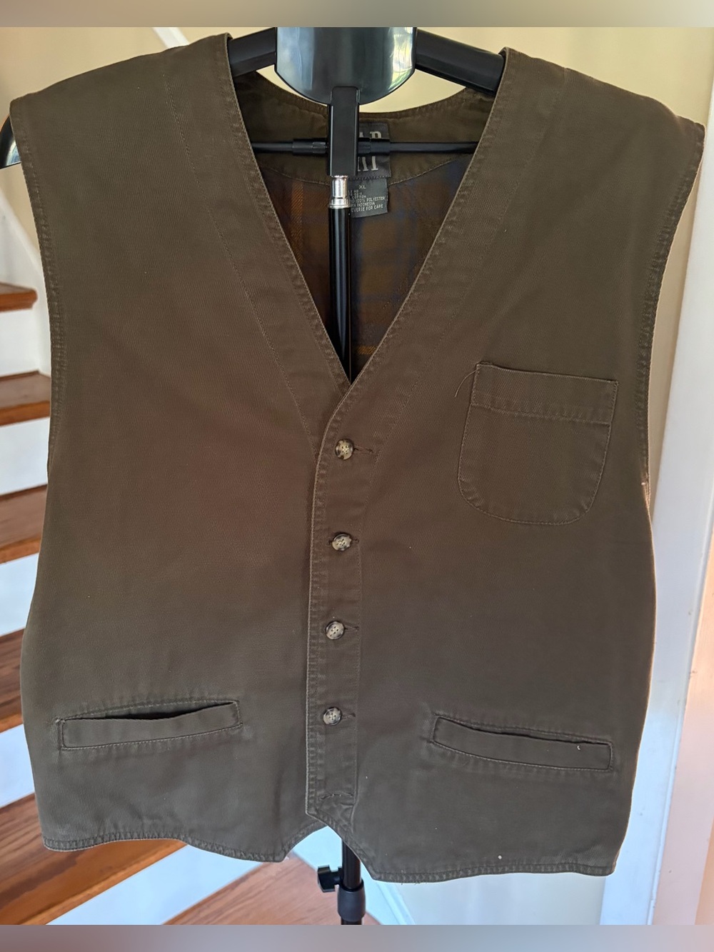 Vintage 90s GAP Canvas Vest Men's XL Army Green Plaid Flannel Lined Grunge Work